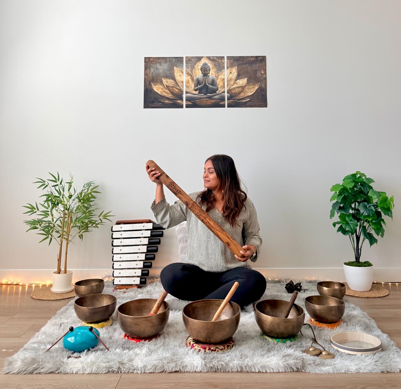 Nishi with rain stick and bowls